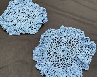 Lot of 2 Crochet Doilies Handmade Blue Ruffles 7.5 - 9 inches Doily Bedroom