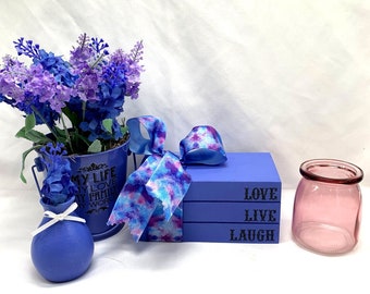 Tier Tray Decor Blue Purple Faux Books Floral Plants Vase Love Live Laugh