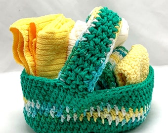 Handmade Gift Basket Set Kitchen Towels and Dish Cloths in Crochet Teal Yellow