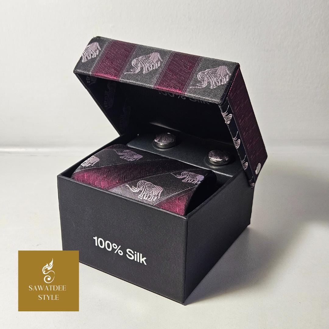 高級タイシルク象ネクタイギフトセット：カフスボタン、ポケットチーフ