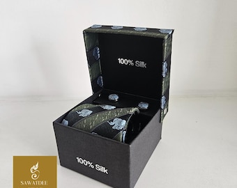 Luxe Thaise zijde-cadeauset olifantenstropdas: manchetknopen, pochet en clip