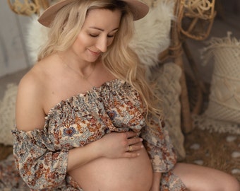 Vestido de maternidad para sesión de fotos / vestido de maternidad Boho / vestido de sesión de fotos - gasa con estampado vintage sin arrugas