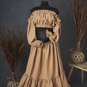 Camel Maternity Dress: Bohemian Gauze Gown, Ruffle Crop Top