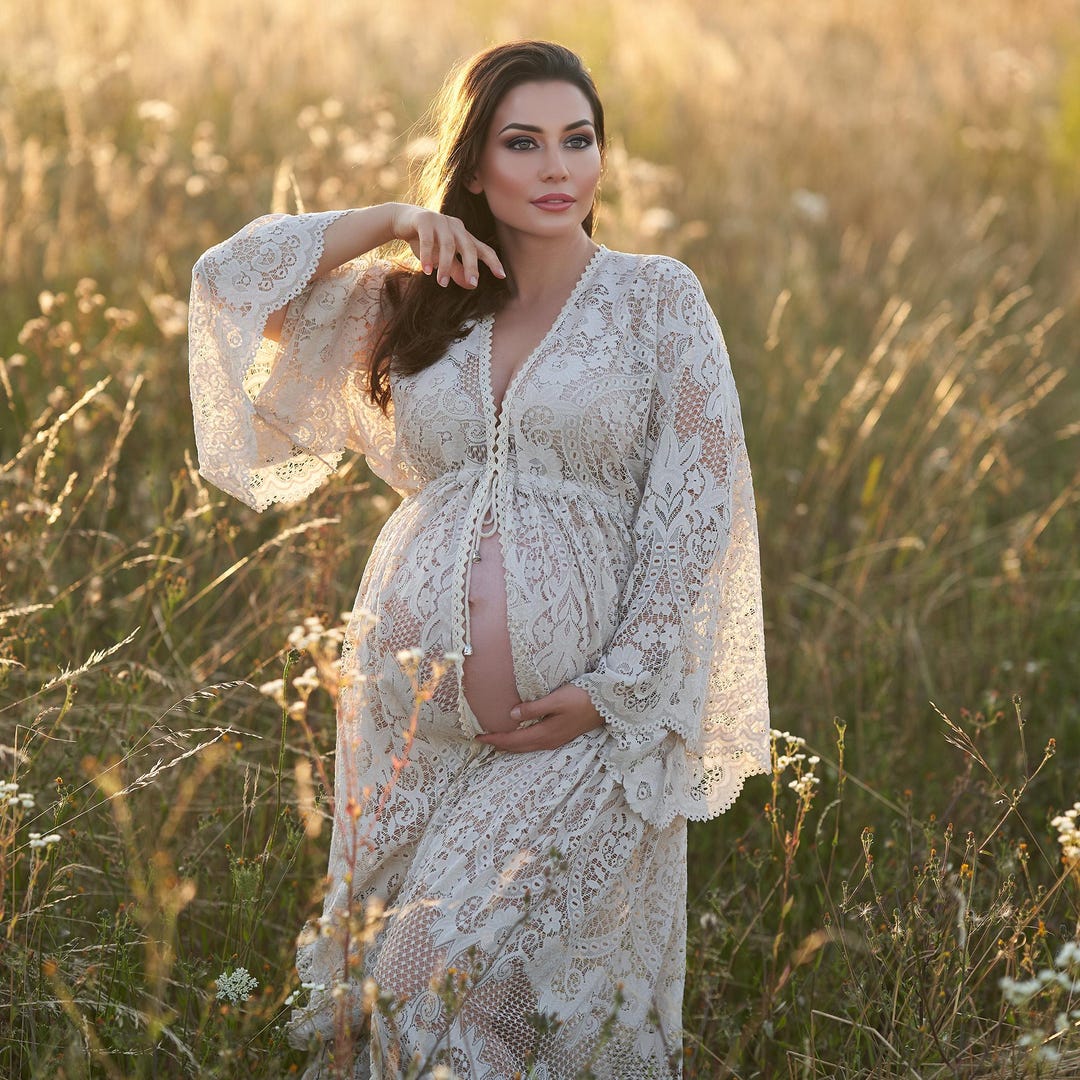 lace pregnancy dress Off Shoulder Maternity for Photo Shoots YEWEN YW220701 8-10 / Picture Color with a pretty fluted trim thats echoed at the hem Attractive Lace boho maternity photoshoot
