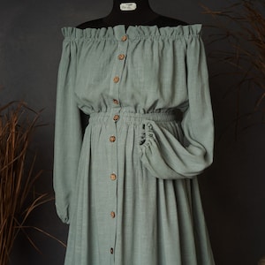 Linen Maternity Dress: Sage Green Off-Shoulder Ruffle Gown