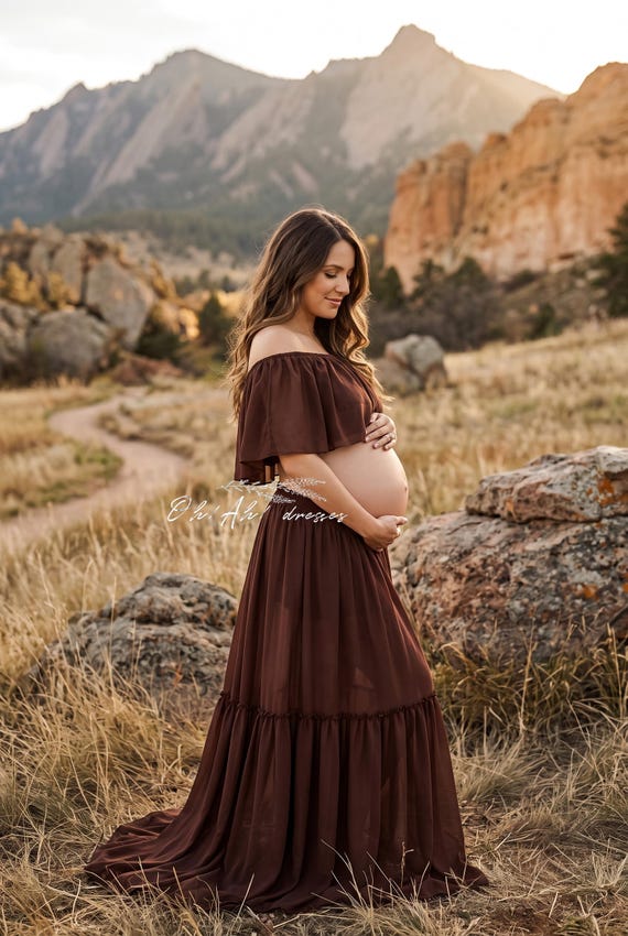 Brown chiffon maternity dress for photoshoot, bohemian gown, flowy photography dress