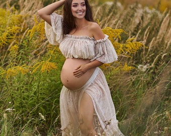 Boho Lace Maternity Dress: Two-Piece Off-Shoulder Gown