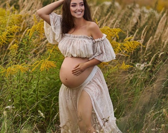 Tweedelige kanten zwangerschapsjurk voor fotoshoot. Boho zwangerschapsjurk voor zwangerschapssessies, bruiloften en meer.