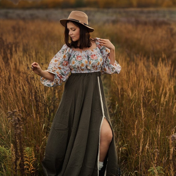 Boho Maternity Gown: Floral Top, Olive Green Skirt, Vintage Lace Boho Maternity Gown: Floral Top, Olive Green Skirt, Vintage Lace