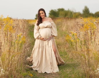 Boho maternity dress for photoshoot , beige bohemian gown, two piece  dress for photo session