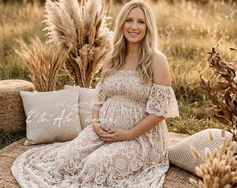 Sheer Lace Boho Maternity Dress – Beige Maxi Gown, Photoshoot Prop