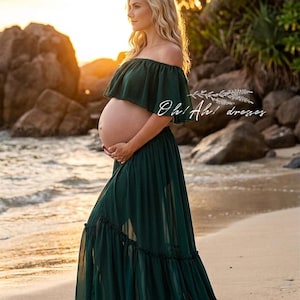 slim fit dress slacks Green Bardot Maternity Dress, Off The Shoulder, Baby Shower, Pregnant Guest Medium / Green