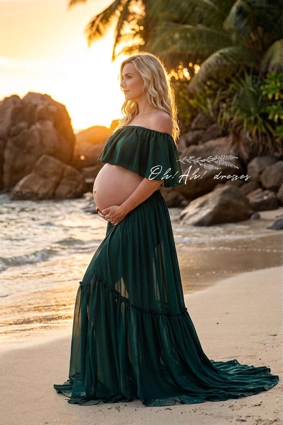 maternity dresses for beach pictures Emerald Green Dress Chiffon | Boho Photoshoot Gown | Pregnancy Dress | Baby Shower Outfit Color:True Black The super light georgette home wear Teal Homecoming Dresses –