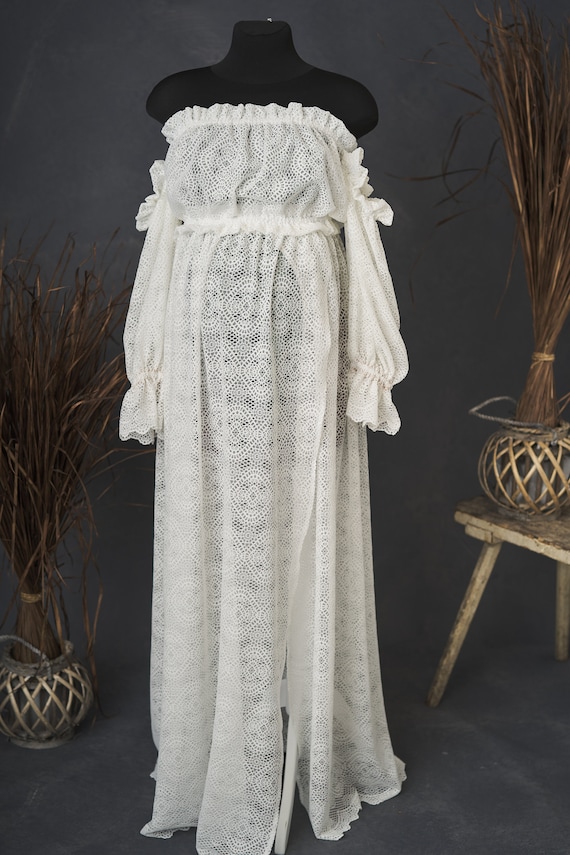 Lace Boho Maternity Dress with Slit, Off-Shoulder Top, Photo Shoot Gown Lace Boho Maternity Dress with Slit, Off-Shoulder Top, Photo Shoot Gown
