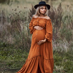 Burnt Orange Maternity Dress for Fall Photo Shoot, Ready to Ship Rust Boho Gown