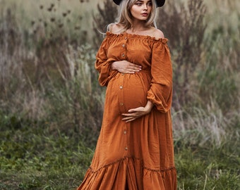 Verbrand oranje zwangerschapsjurk voor herfstfotoshoot, klaar om roestige boho-jurk te verzenden