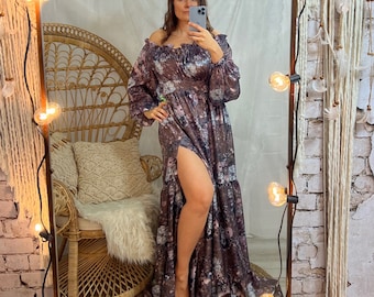 white christmas dresses Violet Chiffon Long Sleeve Pleated Maternity Maxi Dress – PinkBlush main image 0