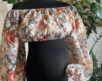 Off the shoulder floral  crop top, photography prop, clients closet, photoshoot outfit