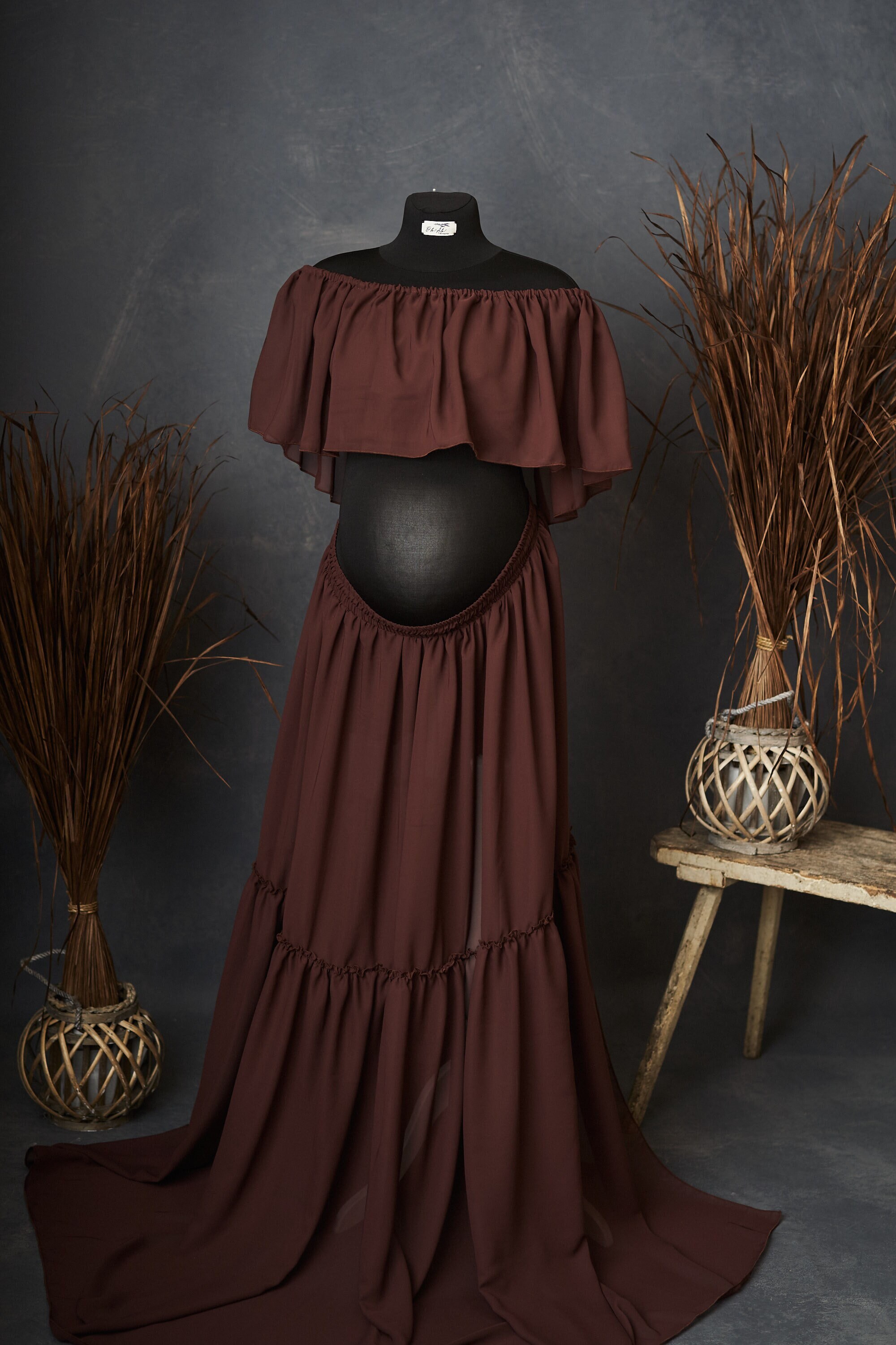 brown maternity dresses for photoshoot Brown chiffon maternity dress for photoshoot, bohemian gown, flowy photography dress