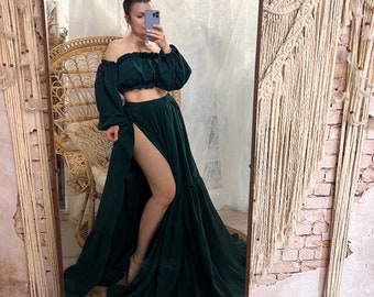 Bohemian maternity gown for photo session, emerald green dress for photo shoot, Two piece dress with long skirt