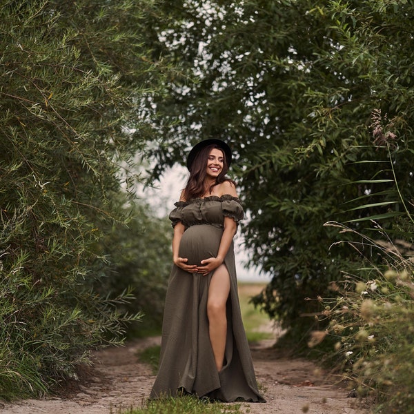 Boho maternity gown  for photoshoot | Olive green Maternity dress for Photo session | Ready to ship