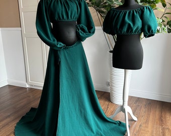 Boho Freya SET avec deux hauts - Robe de grossesse BOHO | Robe de grossesse pour Photoshoot | Robe de grossesse bohème | robe verte | coton