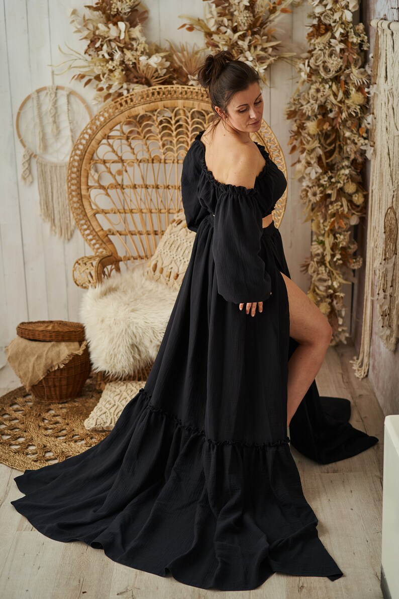 READY TO SHIP Black dress for photoshoot , black boho gown, maternity dress for photo session, two piece bohemian gown image 6
