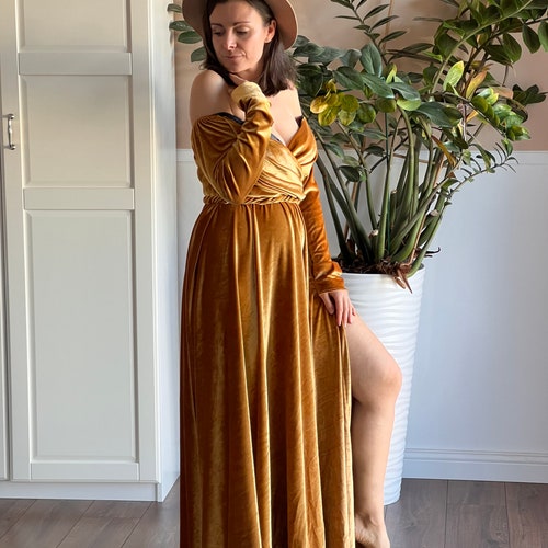 orange velvet maternity dress Iris Reversible Maternity Photoshoot Dress