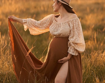 Robe de grossesse deux pièces, haut en dentelle vintage et jupe en coton, séance grossesse, robe de photographie fluide bohème