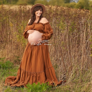 Rust Maternity Dress: Boho Cotton Gauze Two-Piece Photoshoot Gown