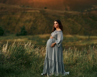 Linen cottage maternity dress, bohemian style maternity gown for photo shoot, button down maternity outfit