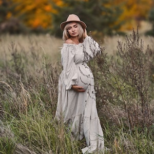 Fall maternity dress for photoshoot - natural linen color, off the shoulder pregnancy dress