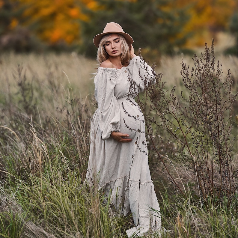 Fall maternity dress for photoshoot - natural linen color, off the shoulder pregnancy dress