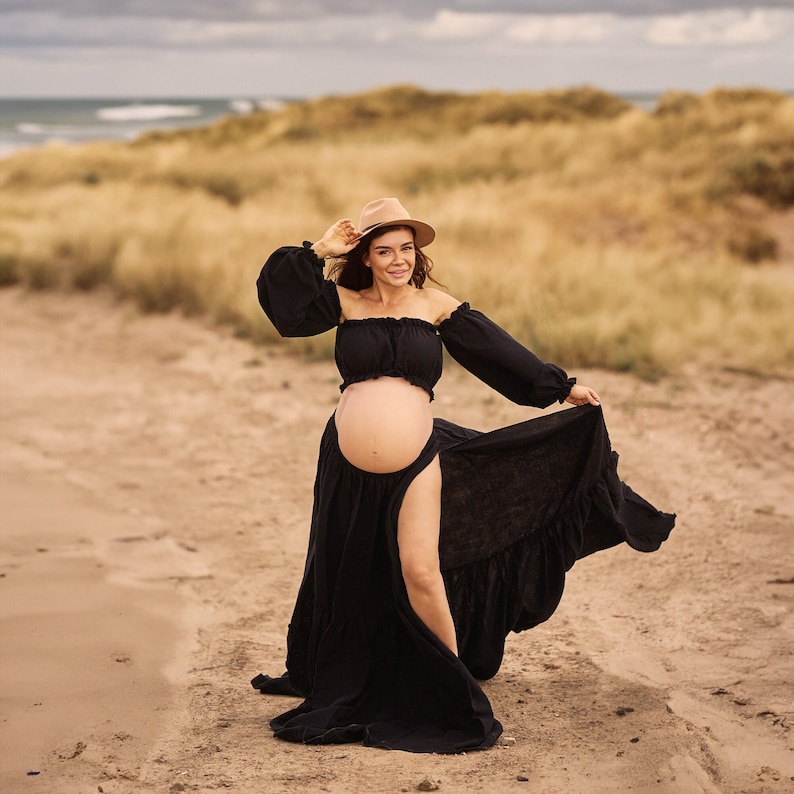 black maternity dress for beach photos, off the shoulder crop top and long flowy skirt