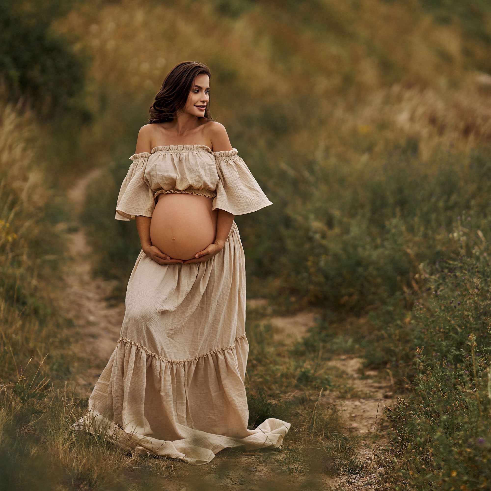 White Ruffle Off Shoulder Draped Smocked Boho Photoshoot Maternity