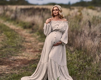 Linnen zwangerschapsjurk, zwangerschapsjurk in boho-stijl voor fotoshoot, zwangerschapsoutfit met knopen, cottage-jurk