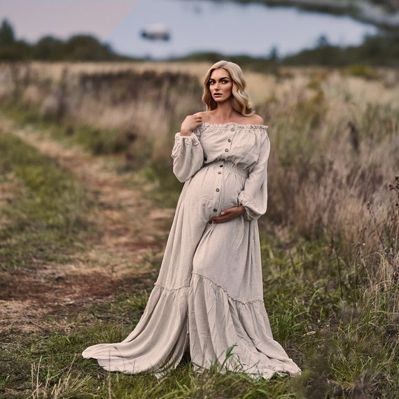Linen Maternity Dress, Bohemian Style Maternity Gown for Photo