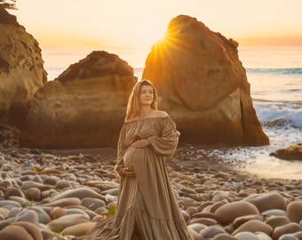 Abito premaman in lino abbottonato, abito premaman in stile boho per servizio fotografico