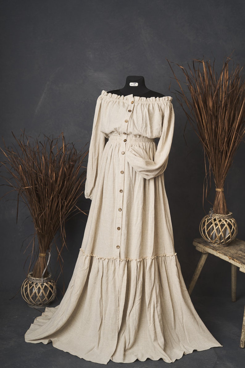 Leinen Umstandskleid, Boho Style Umstandskleid für Fotoshooting, Button Down Umstandsoutfit, Cottage Dress Bild 6