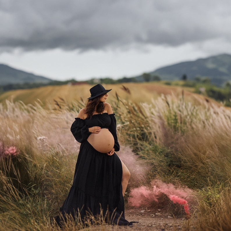 READY TO SHIP Black dress for photoshoot , black boho gown, maternity dress for photo session, two piece bohemian gown image 1