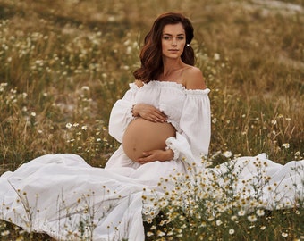 Robe de maternité blanche en deux pièces pour séance photo, robe bohème prête à expédier, robe de séance photo de grossesse