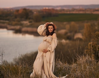 Boho maternity dress for photoshoot , beige bohemian gown, two piece  dress for photo session