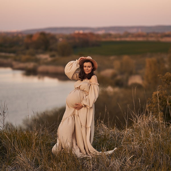 Boho maternity dress for photoshoot , beige bohemian gown, two piece  dress for photo session