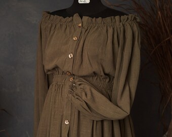 Olivgrünes Umstandskleid, Boho Style Leinen Kleid für Fotoshooting, durchgeknöpft