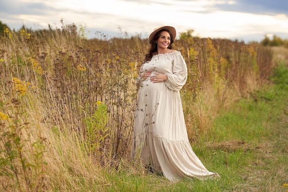Boho Linen Blend Maternity Dress: Ruffled Off-Shoulder Gown Boho Linen Blend Maternity Dress: Ruffled Off-Shoulder Gown