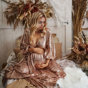 Rose gold sequin dress for maternity photo session, glamour pregnancy gown, wedding dress