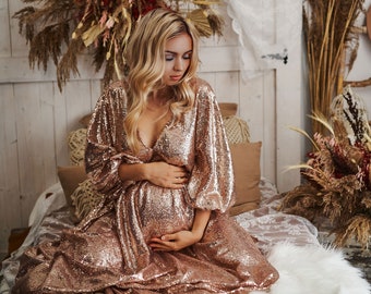 Rose gold sequin dress for maternity photo session, glamour pregnancy gown, wedding dress