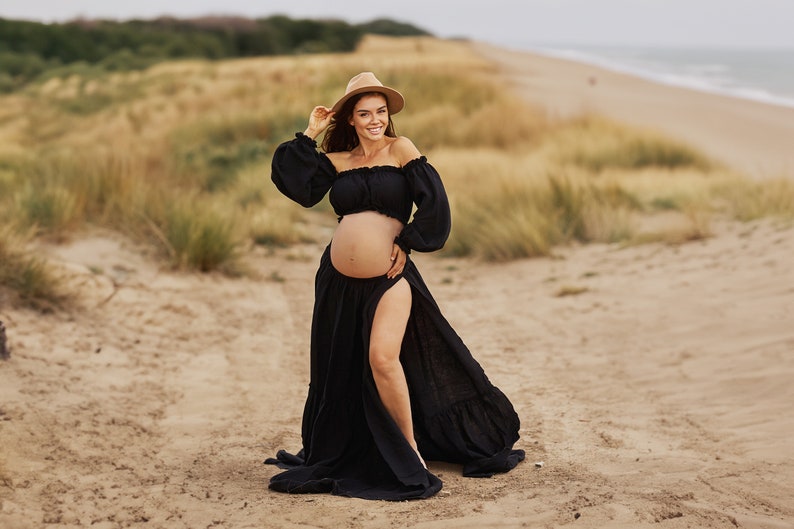 READY TO SHIP Black dress for photoshoot , black boho gown, maternity dress for photo session, two piece bohemian gown image 4