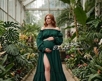 green boho maternity dress Deago Womens Summer Maternity Dress for Photoshoot Baby Shower Casual Ruffle Sleeve Boho Maxi Smocked Pregnancy Dresses (Green, S), Infant Girl's,