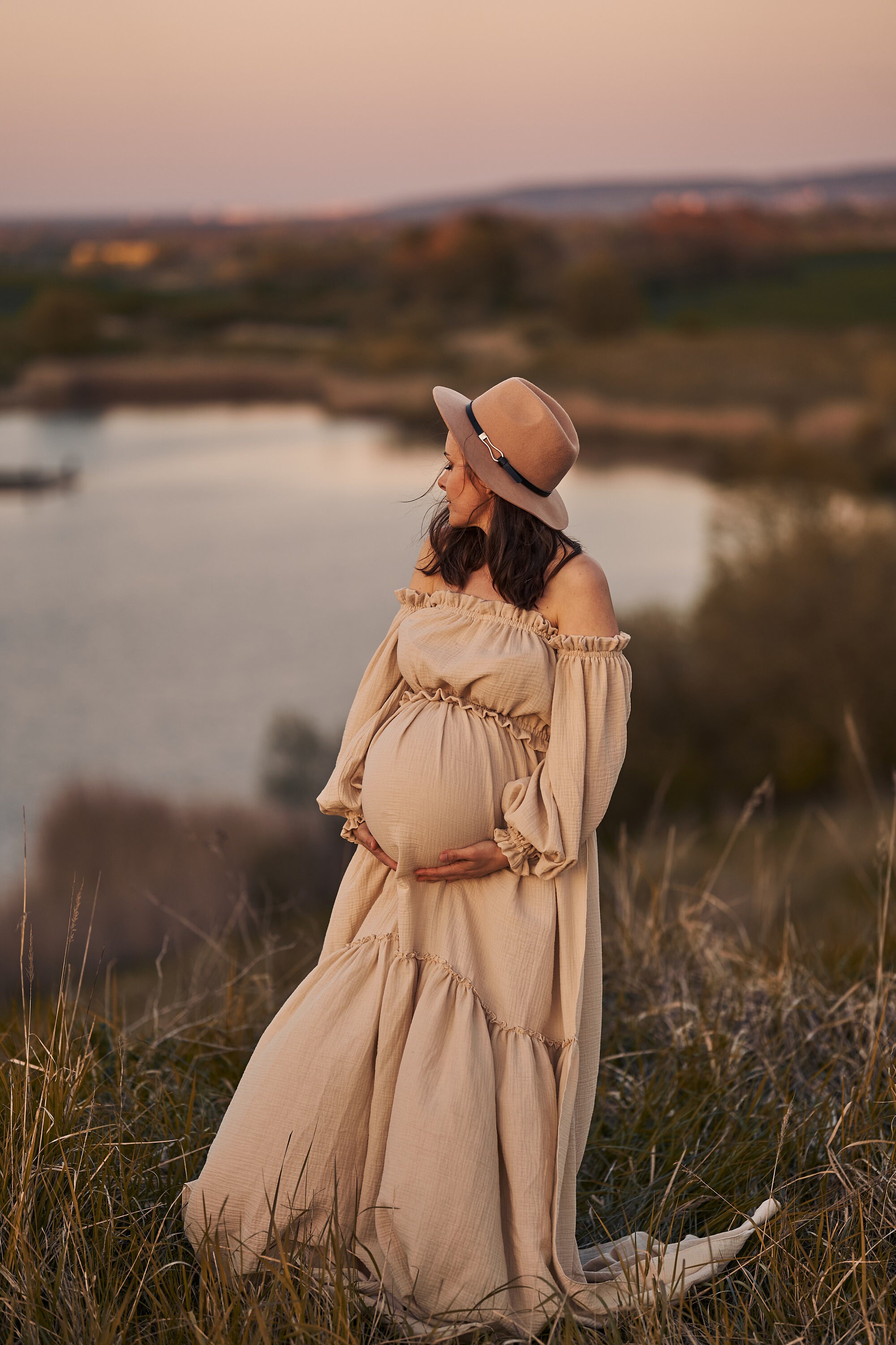 Boho Maternity Dress for Photoshoot , Beige Bohemian Gown, Two